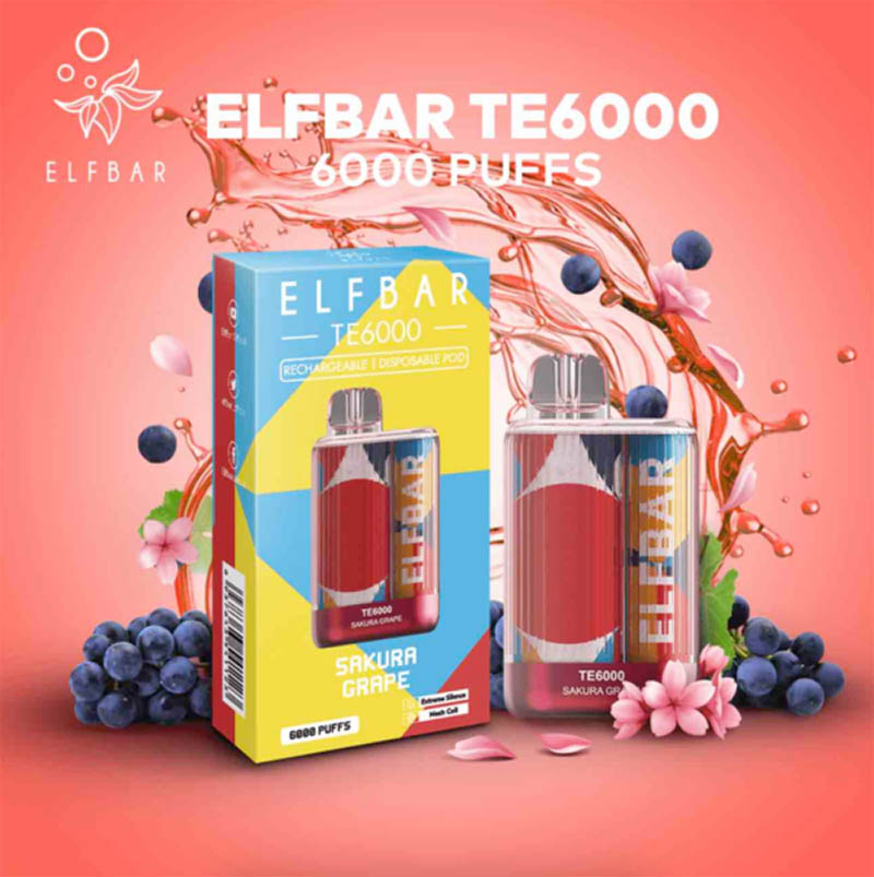 Competitive New USA China High Quality Elf Bar TE6000 6000 Puffs Disposable Vape Device E-Cigarette-Sakura-Grape-www.kontamvape.com