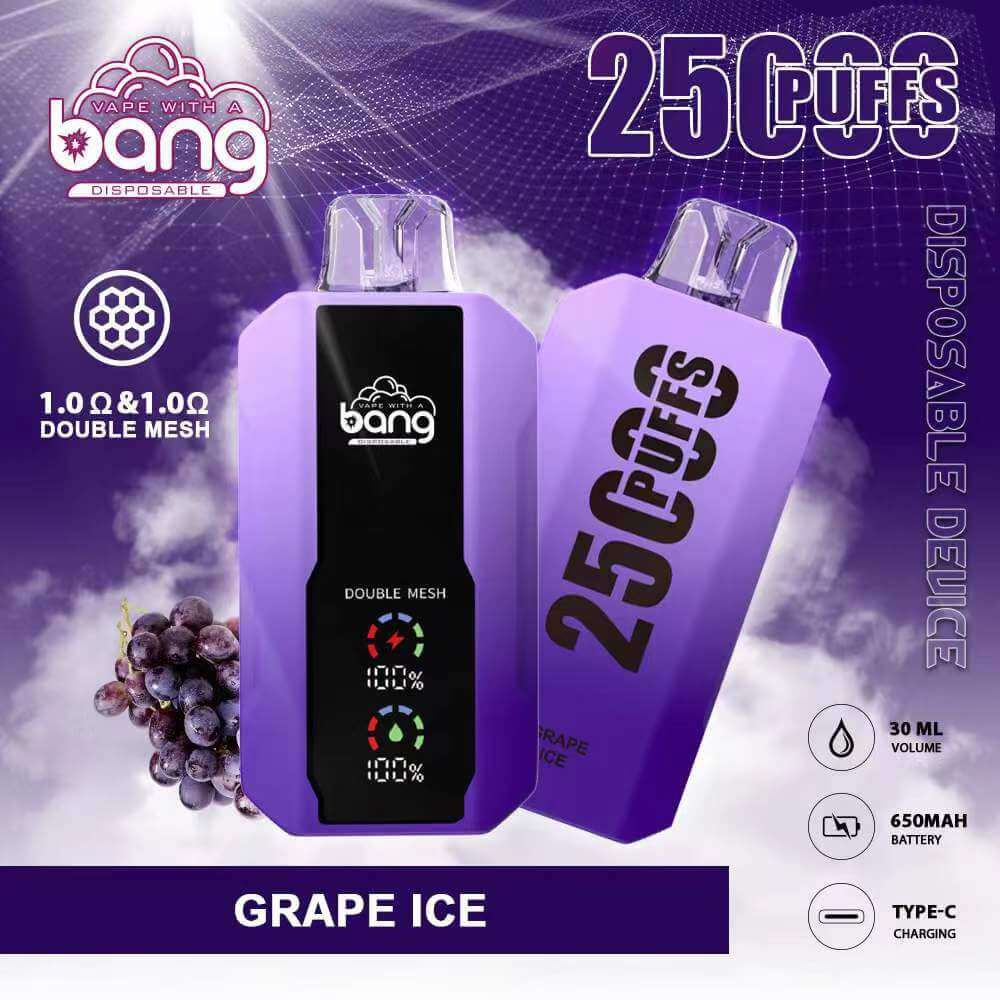 Original de China, estados UNIDOS Europa reino unido Asia Bang Doble Malla de Bobinas de 25000 con Pantalla LCD Desechables Vape Dispositivo E-Cigarette-Grape-Ice-www.kontamvape.com