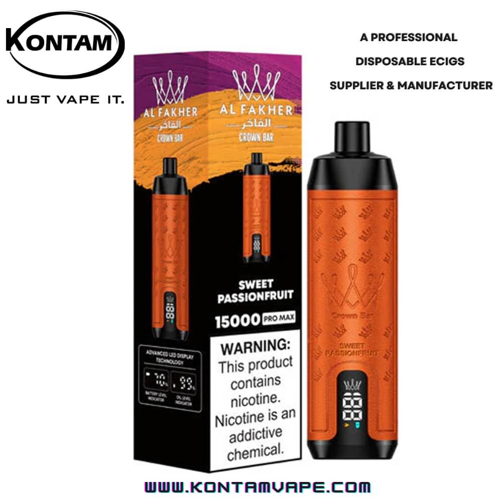 Одноразовые Ecigs 15000 Al Fakher Crown Bar Pro Max Поставщик, Оптовая торговля, Дистрибьютор, фабрика, производитель в США, Китае, Европе, на Ближнем Востоке-Sweet-Маракуйя- www.kontamvape.com