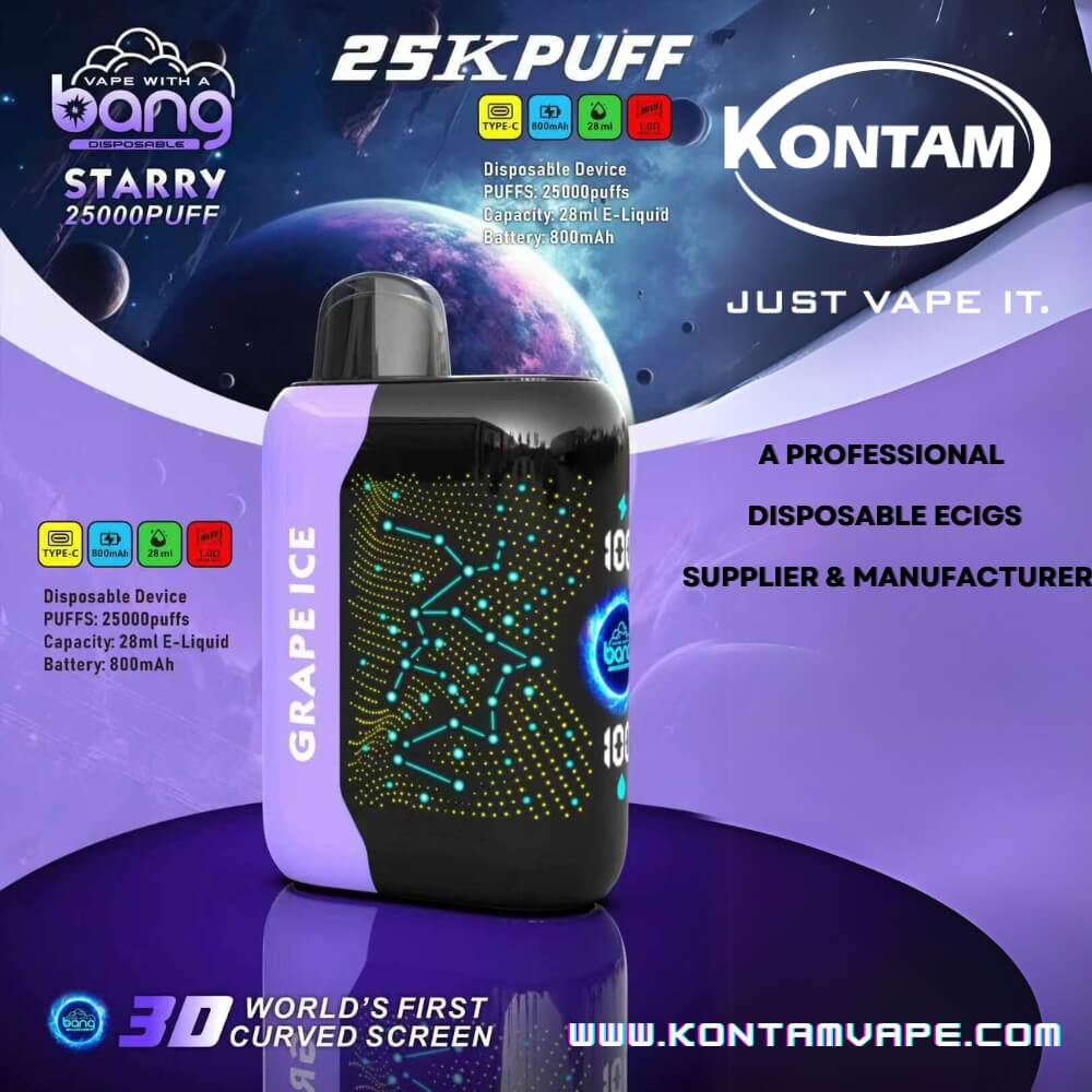 Original de la Nueva China, estados UNIDOS Europa reino unido Recargable Bang Estrellado 25000 Con 3D Pantalla Curva Desechables Vape Dispositivo Ecig-Grape-Ice-www.kontamvape.com