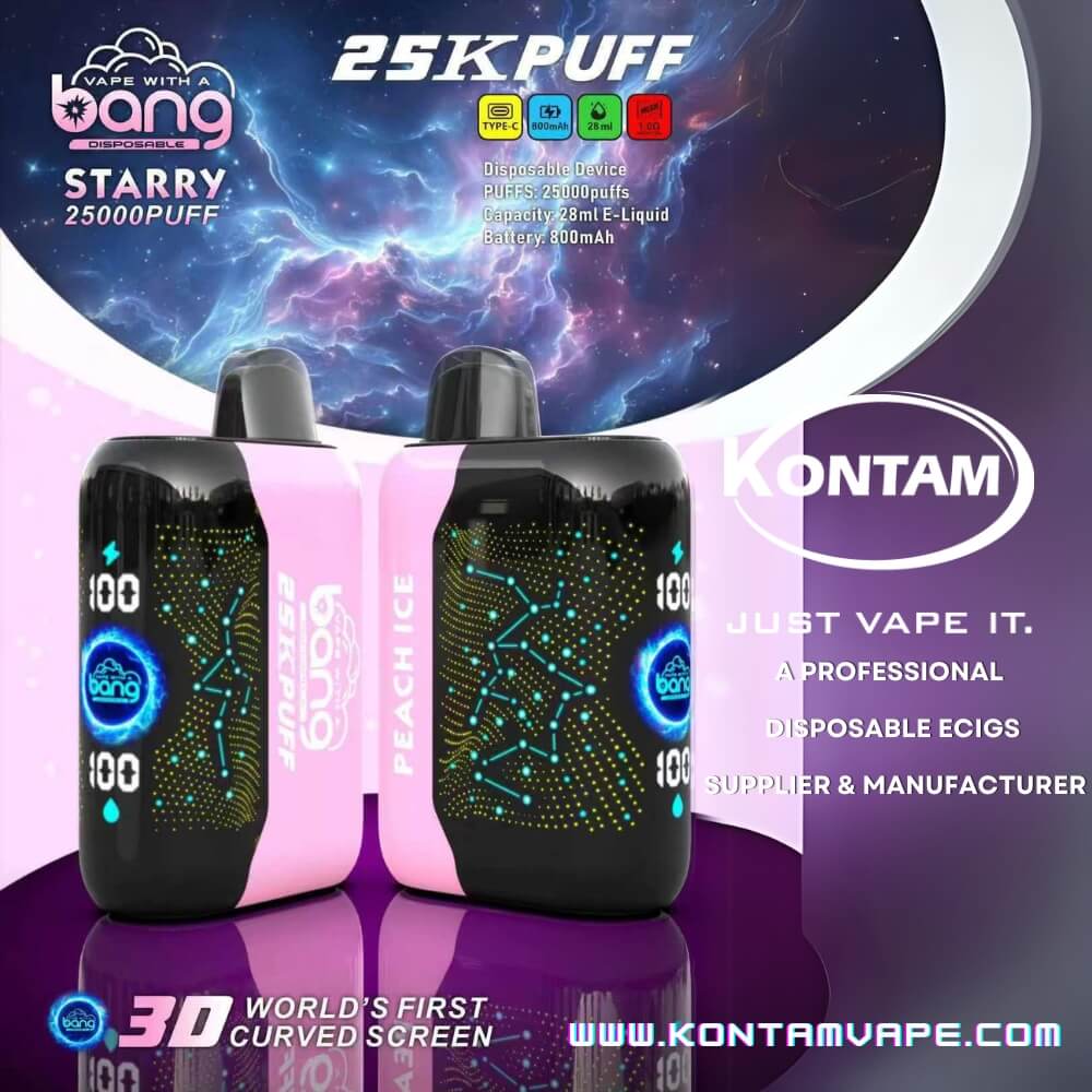 Original de la Nueva China, estados UNIDOS Europa reino unido Recargable Bang Estrellado 25000 Con 3D Pantalla Curva Desechables Vape Dispositivo Ecig-Peach-Ice-www.kontamvape.com
